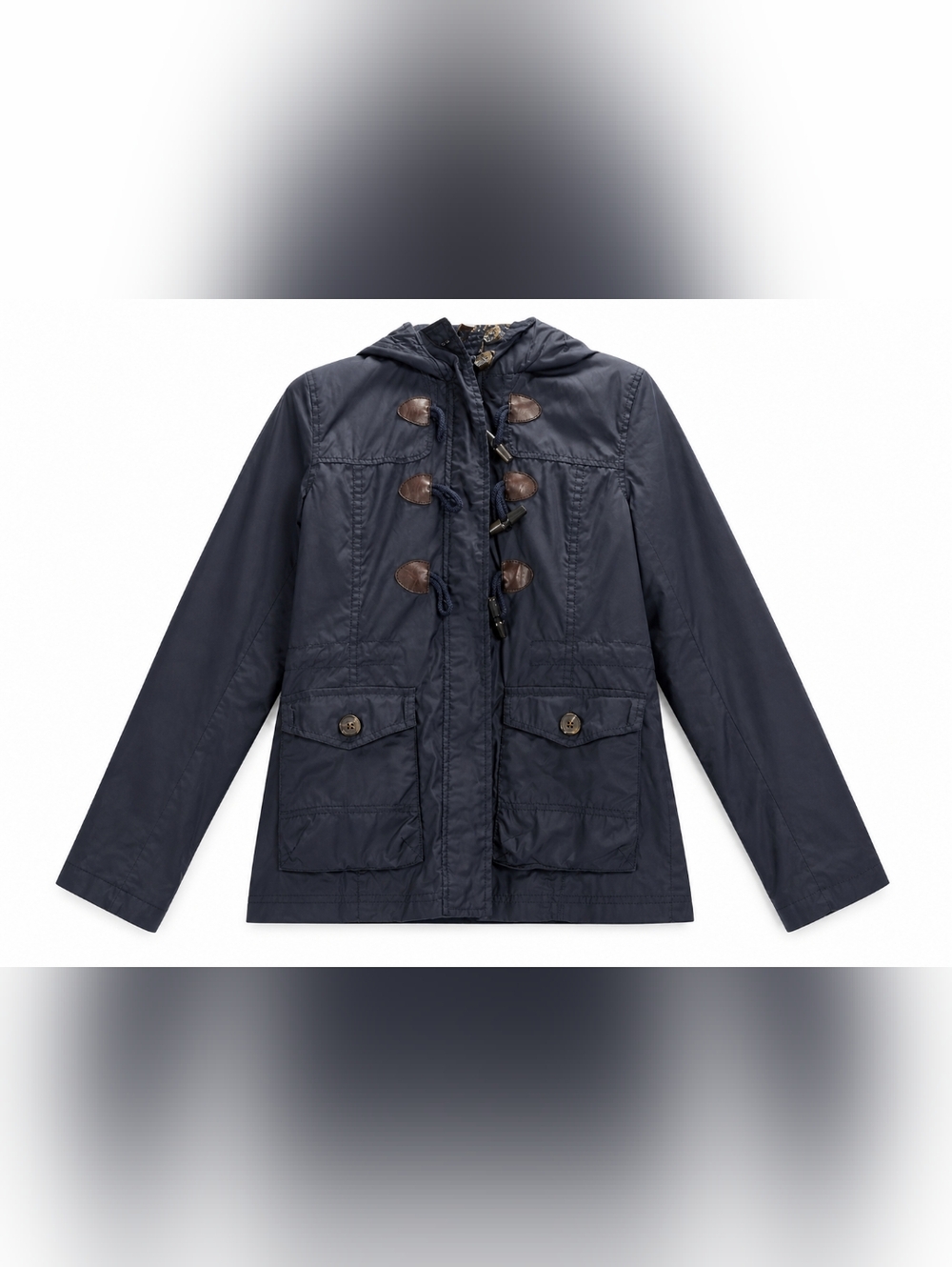 Aeropostale Navy Hooded Toggle Raincoat with Brown Accents